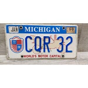 1997 Michigan License Plate World’s Motor Capital #CQR32, Man Cave, Cabin, Bar